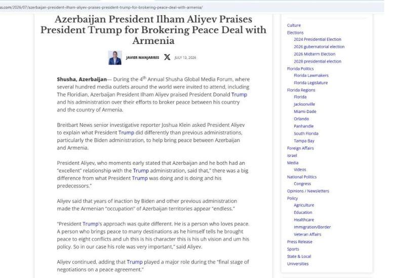 "The Floridian" Prezident İlham Əliyevin Trampın sülh prosesindəki rolu barədə bəyanatları haqqında məqalə dərc edib
